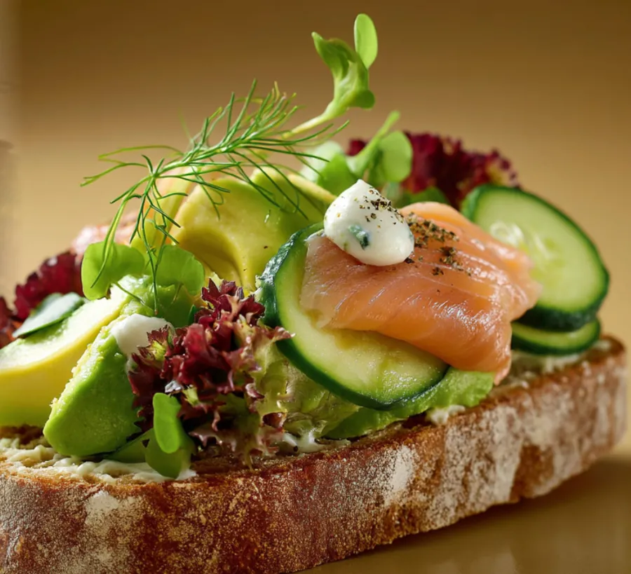 After: an open sandwich with salmon, avocado and cucumber in an ad-style food photo