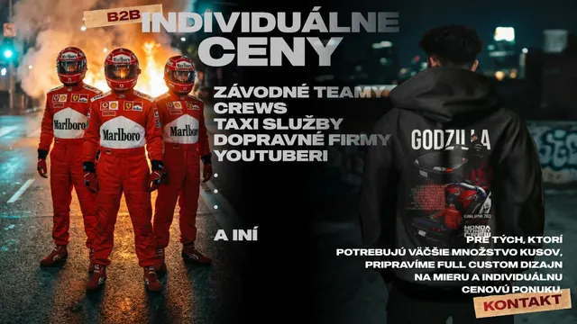 B2B offer: a racing team in race suits in front of burning cars, and the Godzilla hoodie