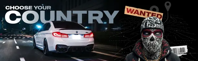 Choose your country banner: a white BMW at night and a masked figure with the word Wanted