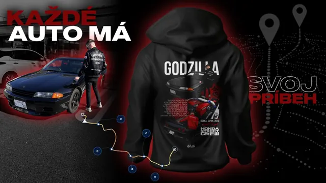 Custom Clothes campaign: Every car has a story, a Nissan Skyline at night and the Godzilla hoodie with a route map