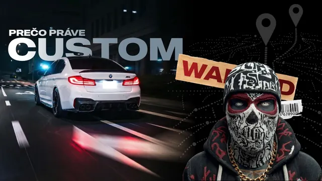 Why custom: a white BMW at night and a masked figure with the word Wanted