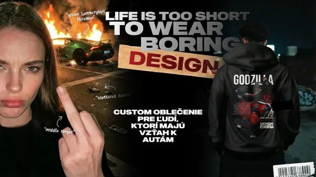 Custom Clothes campaign: Life is too short to wear boring design, a girl in front of a burning car and the Godzilla hoodie