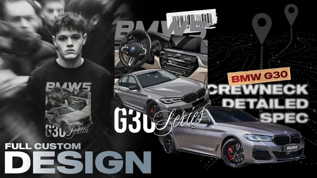 Full custom design: a BMW G30 and a crewneck with a detailed drawing of the car