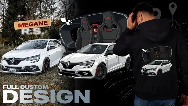 Full custom design: a white Renault Megane R.S. and a hoodie with its drawing