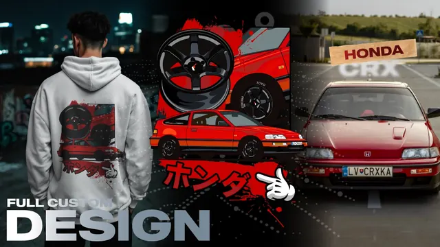 Full custom design: a red Honda CRX in a photo and on a white hoodie