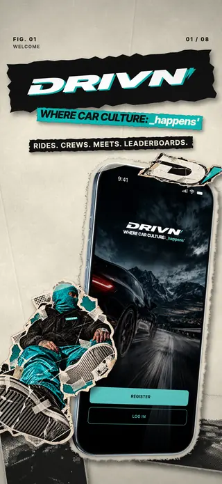 DRIVN welcome screen with the logo, log-in and sign-up, headline Where car culture happens