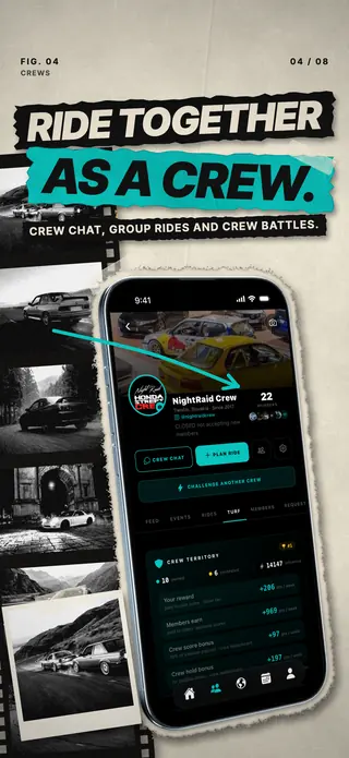 Crew profile with chat and group ride planning, headline Ride together as a crew
