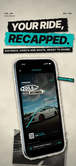 Ride recap with the route and a photo of the car, headline Your ride, recapped