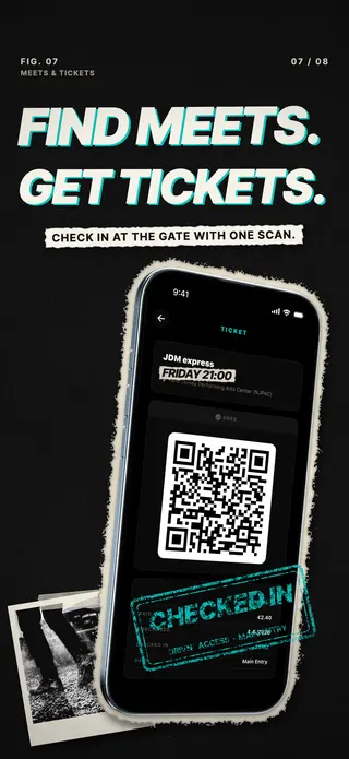 Meet ticket with a QR code and a Checked in stamp, headline Find meets, get tickets