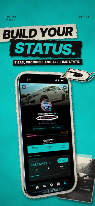 Driver profile with stats and a car, headline Build your status