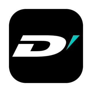 App icon: a white D with a turquoise stroke on black