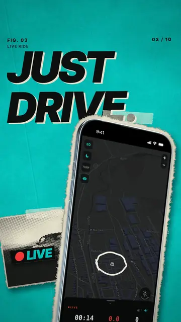 Still from the DRIVN reel: the words Just drive and a phone showing a live ride on the map