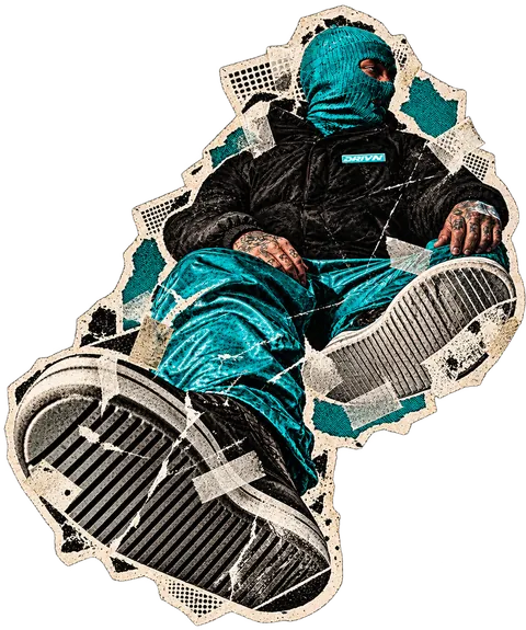 Face of the campaign: a figure in a turquoise balaclava and a DRIVN jacket, cut out of paper