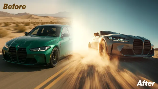 Before and after: a green BMW M3 in an ordinary photo, and the same car in an ad scene with dust on a desert road