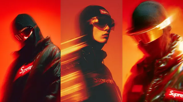Fashion campaign in red light with motion blur and sunglasses