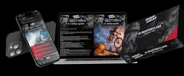The AI Visuals Masterclass course on a phone, a laptop and a product box