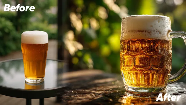 Before and after: a glass of beer on a table, and an ad shot of a beer mug with droplets in the sun