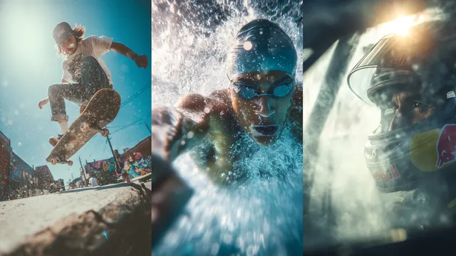 Sports visuals in motion: a skateboarder in midair, a swimmer and a pilot in a helmet