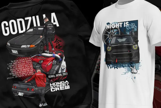 Black hoodie with a Nissan Skyline Godzilla print and a white T-shirt with a Mini