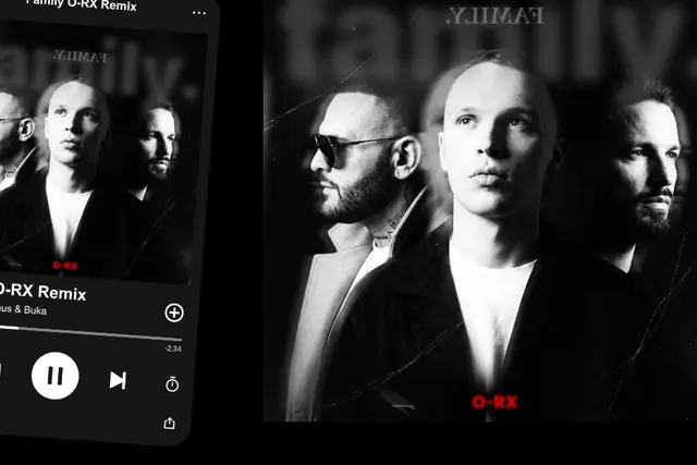 Black-and-white cover for the Family remix with three artists, next to a music player on a phone