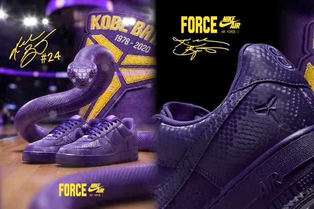 Concept: purple Air Force 1 sneakers with snakeskin and a snake on a basketball court