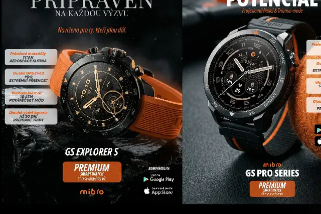 Ads for Mibro smartwatches with an orange strap, three formats side by side