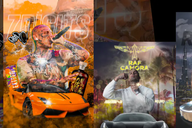 Rap posters with artists and cars, each in a different color