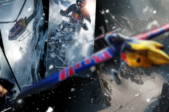 Concept: Instagram stories with a snowmobile, a helicopter and a plane in the mountains