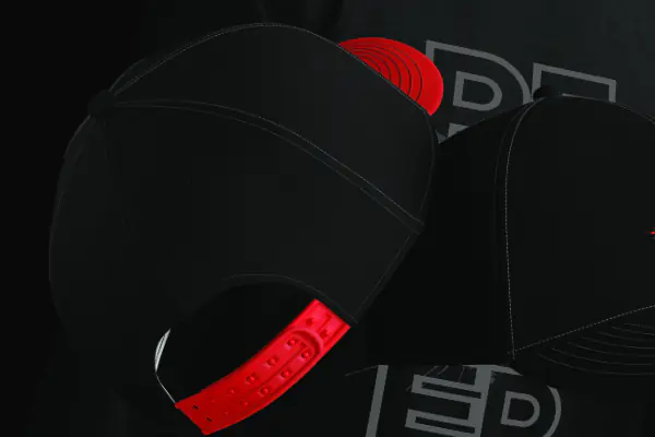 Two black caps with the red PXR logo