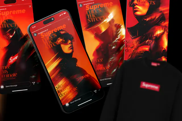 Concept: red Instagram stories with a model in sunglasses and the Supreme logo