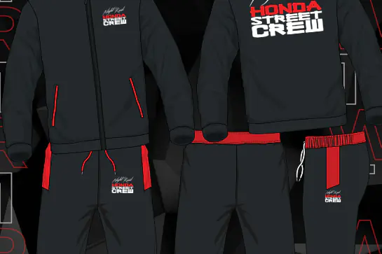 Black tracksuit with red details and the Honda Street Crew logo, front and back