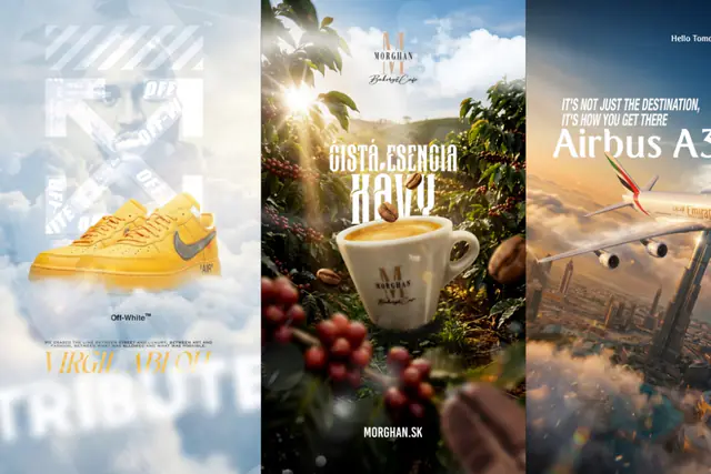 Concept: three vertical posters: Off-White sneakers, a Morghan coffee cup and an Airbus A380