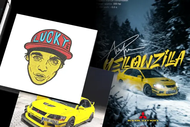 Fan art of a Mitsubishi Lancer Evo VII in the snow, and a patch with a face in a Lucky cap