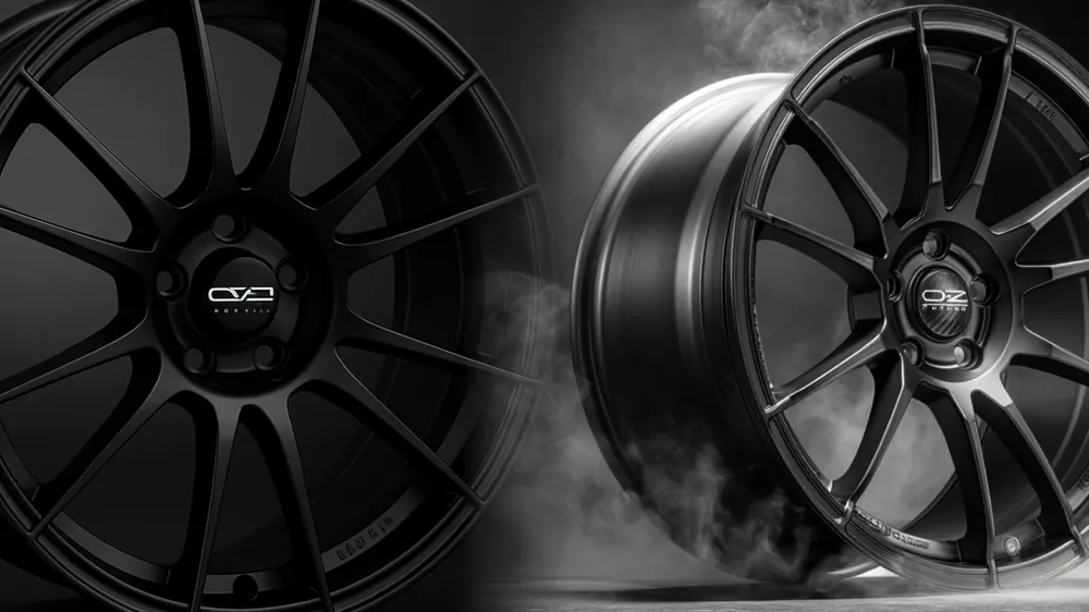 AI visual before and after: a black OZ wheel on a plain dark background, next to the same wheel model in an ad scene with smoke