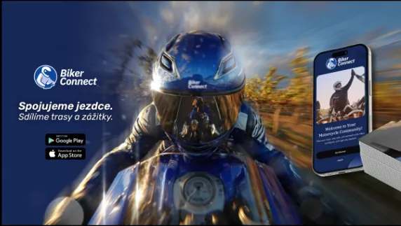 Banner for Biker Connect, an app for motorcyclists: a rider on a motorbike and a phone showing the app
