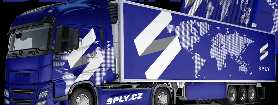 Blue semi truck and trailer wrapped with a world map and the SPLY logo