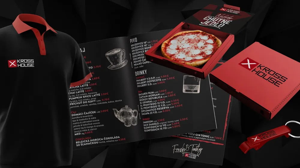 Kross House branding: polo shirt, menu, pizza box and bottle opener