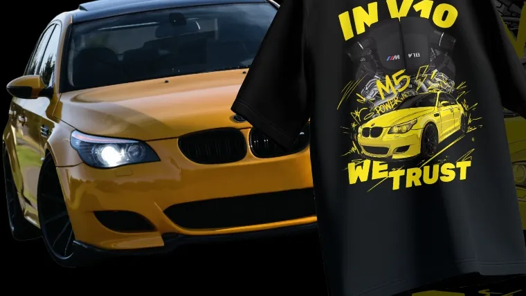 Black T-shirt with an original print of a yellow BMW M5, next to the same car