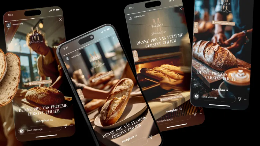 Instagram stories for Morghan Bakery & Cafe on four phones: fresh bread and baguettes with the line We bake for you every day