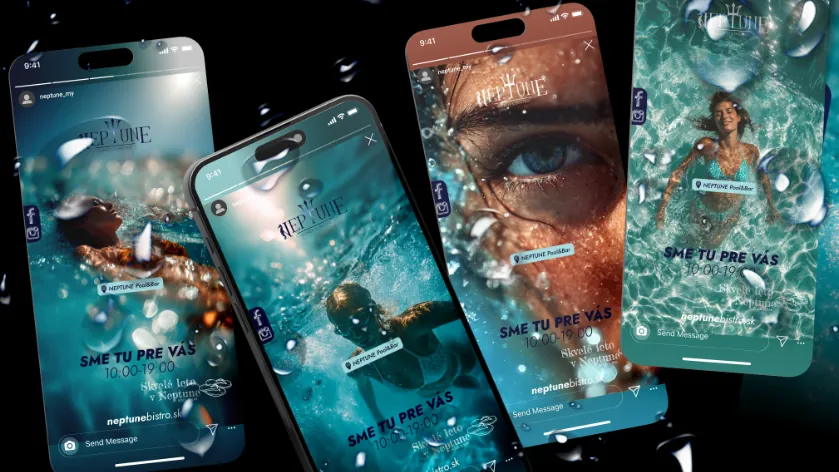 Instagram stories for Neptune on four phones: swimmers underwater and the line We're here for you