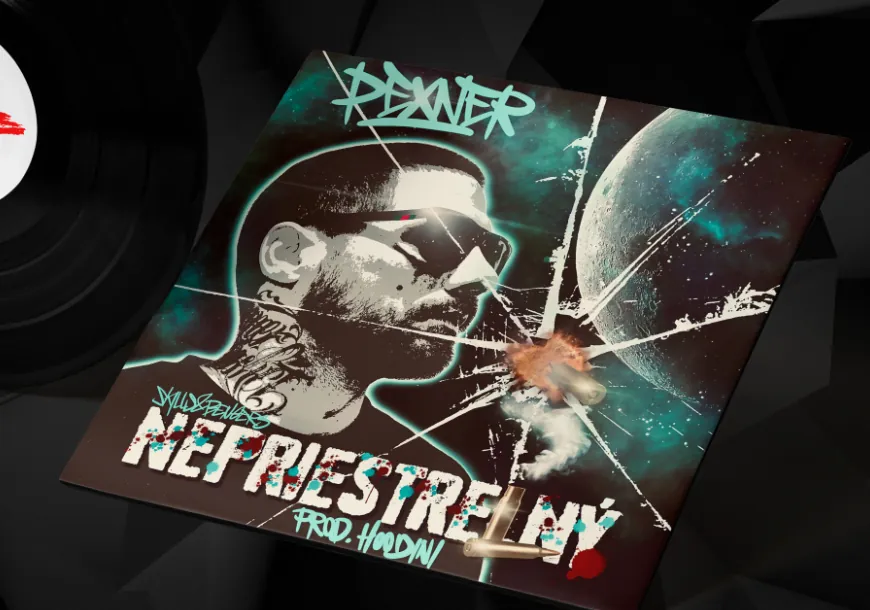 PEXNER rap album cover Nepriestrelný (Bulletproof) with shattered glass, next to a vinyl record