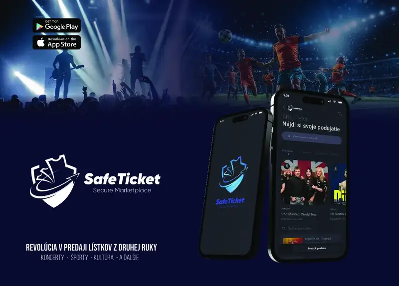 SafeTicket app branding: logo, phones showing the app, and a concert crowd
