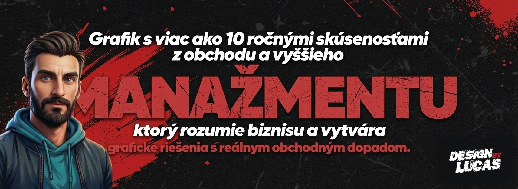 Ilustrácia profesionálneho grafika s dlhoročnou praxou, zameraná na obchod a manažment, s kreatívnym pozadím a výrazným textom.