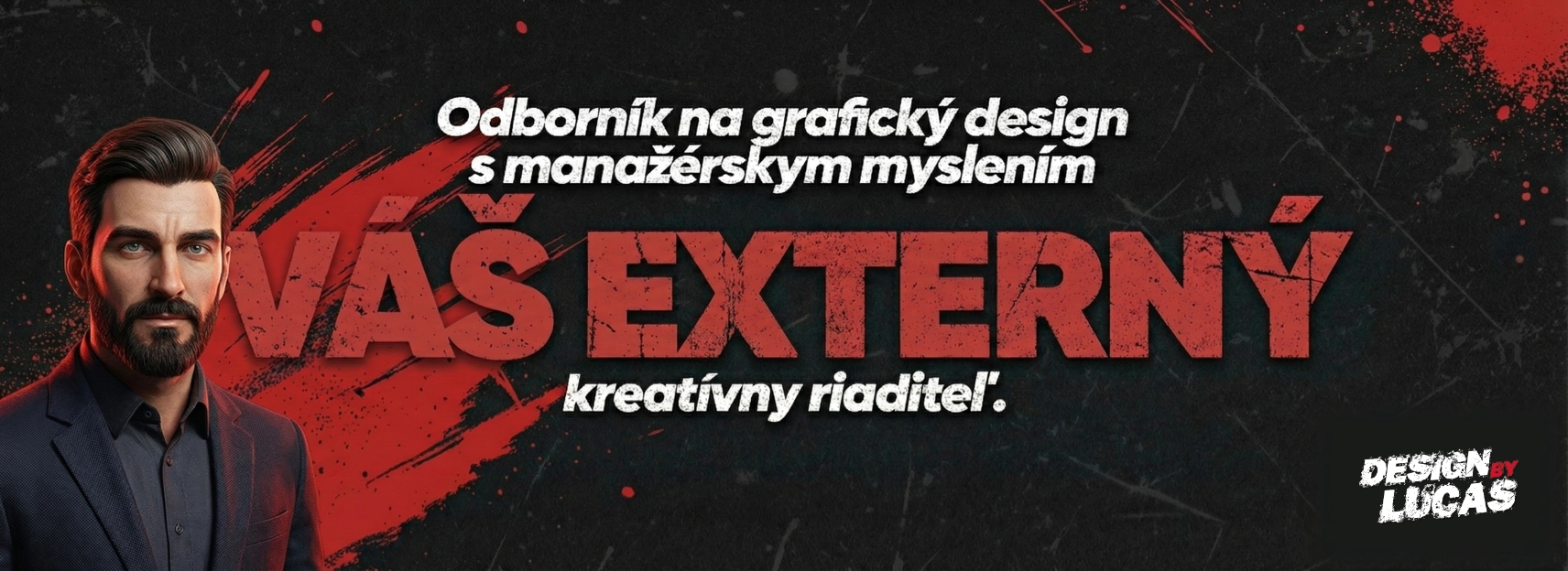 Banner prezentujúci odborníka na grafický design s textom 'Váš externý kreatívny riaditeľ'.